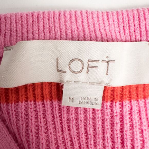 LOFT Stripe Textured Split Neck Sweater Womens Medium Pink Burst Cotton Preppy - Picture 3 of 16